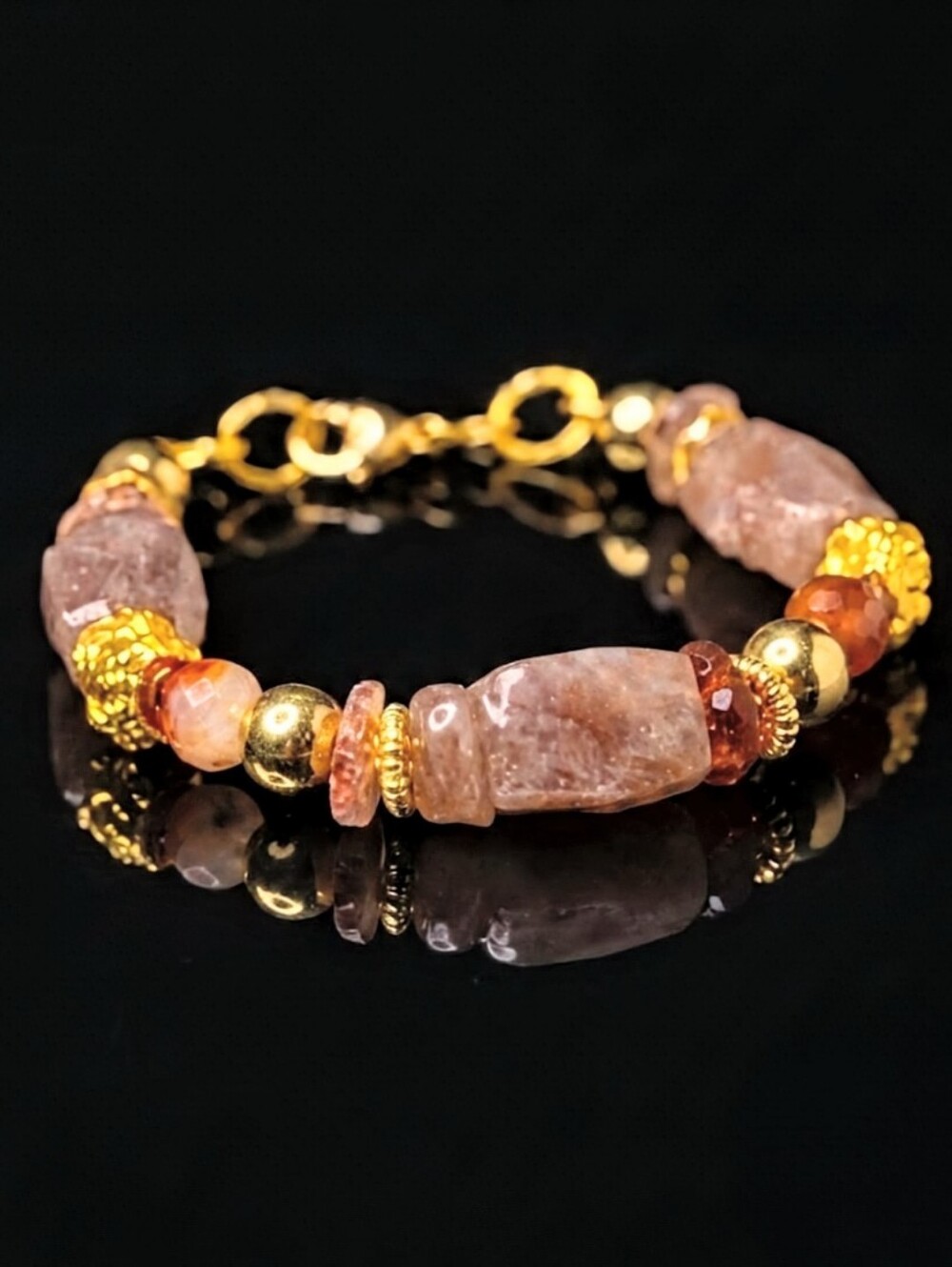 Glorious Pink Strawberry Quartz In Stunning Chunky Gold Plated Bracelet